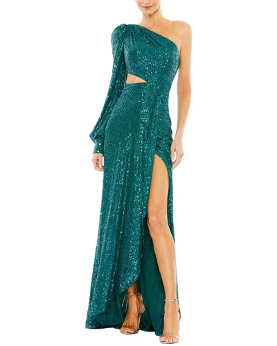Mac Duggal Sequined One Shoulder Cut Out Gown In Teal In Green