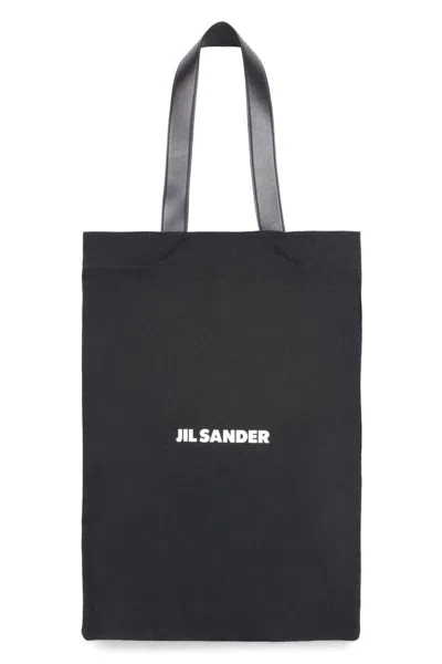 Jil Sander Black Tote Bag With Logo Print In Canvas Woman