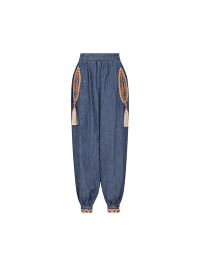 Valentino Balloon Trousers In Embroidered Denim Chambray Woman Denim 42