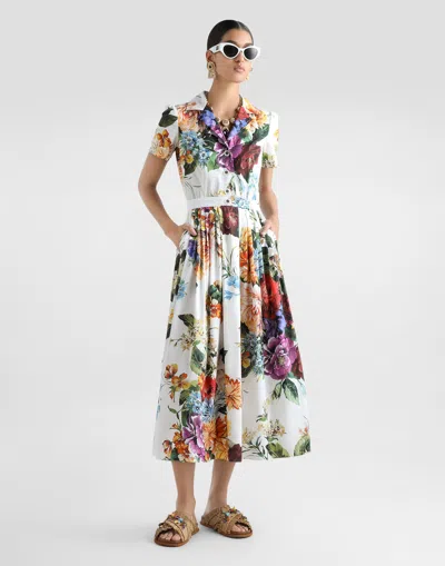 Dolce & Gabbana Midi Poplin Dress With Flower Bouquet Print Dolce E Gabbana