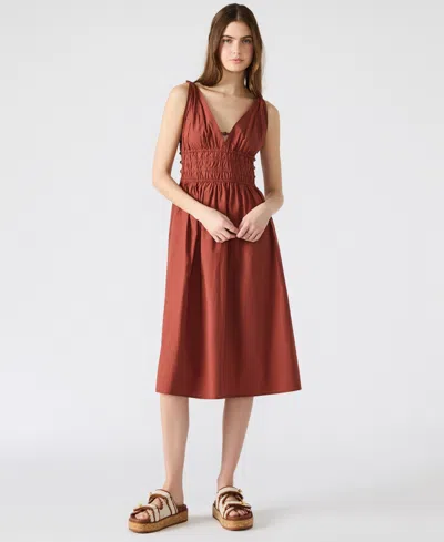 Steve Madden Kassie Bead Detail Smock Waist Cotton Midi Dress In Brown
