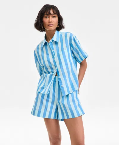 On 34th Womens Cotton Striped Short Sleeve Shirt Pull On Shorts Exclusively At Macys In Blue