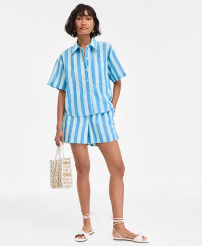 On 34th Womens Cotton Striped Short Sleeve Shirt Pull On Shorts Exclusively At Macys In Blue