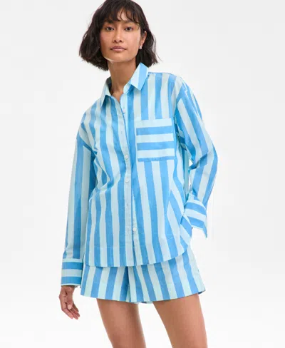 On 34th Women's Striped Long-sleeve Shirt, Exclusively At Macy's In Blue