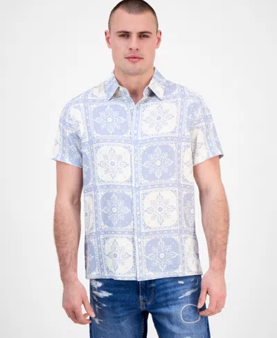 Guess Men's Mosley Short Sleeve Tile Print Button-front Shirt In Blue