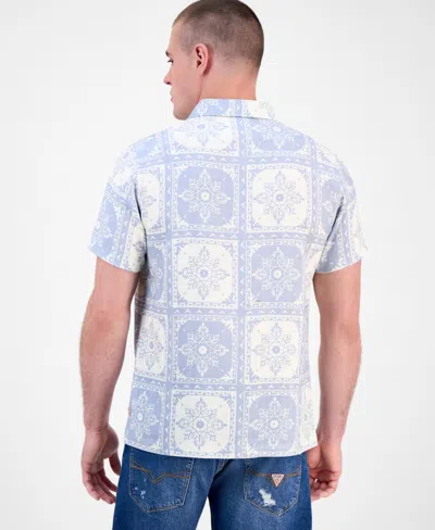 Guess Men's Mosley Short Sleeve Tile Print Button-front Shirt In Blue