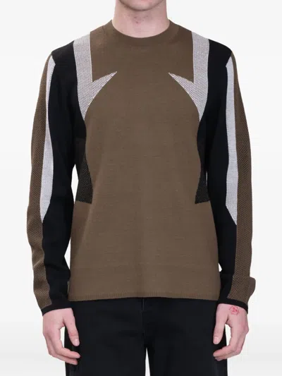 Helmut Lang Sport Mesh Inset Merino Wool Crewneck Sweater In Brown