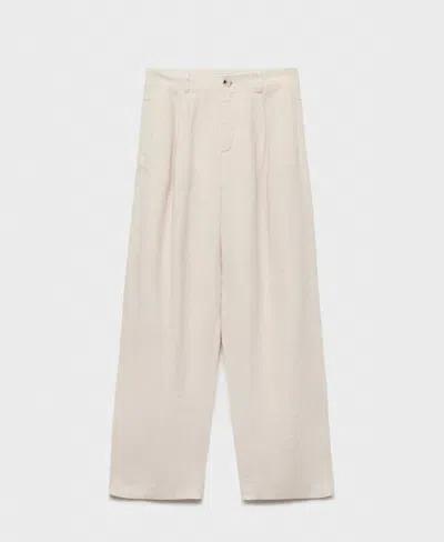 Mango Linen Trousers With Tortoiseshell Button In White