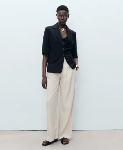 Mango Linen Trousers With Tortoiseshell Button In White