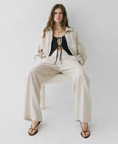 Mango Linen Trousers With Tortoiseshell Button In White