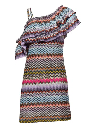 Missoni Multicolored Chevron Viscose One-shoulder Short Dress With Lurex In Multi