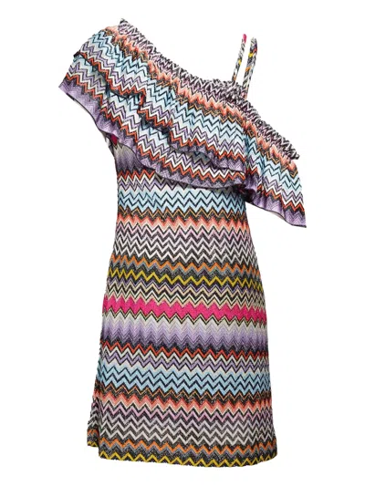 Missoni Multicolored Chevron Viscose One-shoulder Short Dress With Lurex In Multi