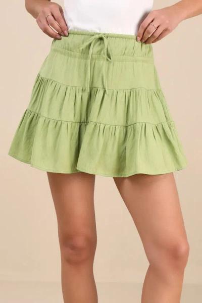 Lulus Modica Lime Tiered Drawstring Mini Skirt In Animal Print