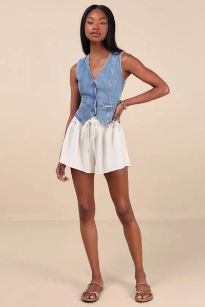 Lulus Marilena Cream Crochet Lace Drawstring Shorts In Pink