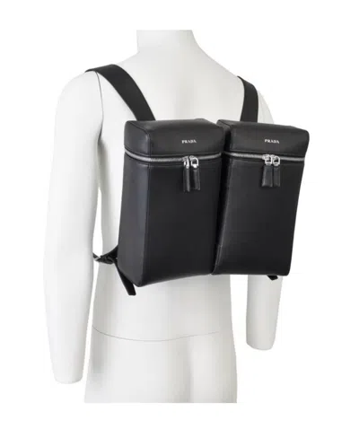 Prada Structured Leather Backpack With Logo Zipper Closure In Black