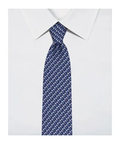Ferragamo All-over Elephant Print Silk Tie In Blue