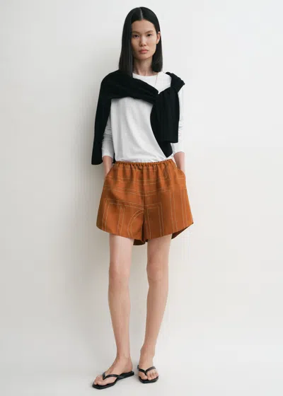 Totême Womens Terracotta Embroidered Monogram Embroidered Silk Pyjama Shorts In Brown