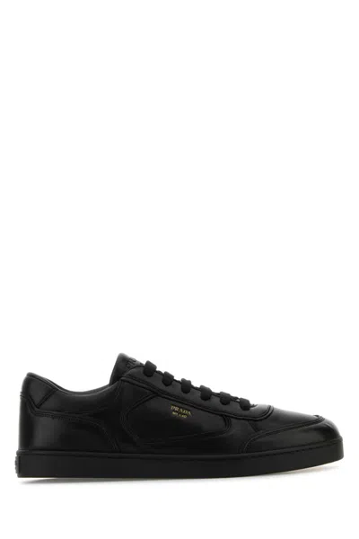 Prada Leather Sneakers With Flat Sole And Round Toe In Black