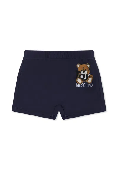 Moschino Blue Swimsuit For Babt Boy With Teddy Bear And White Logo