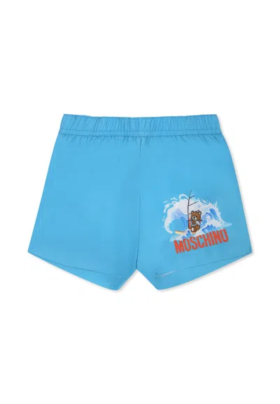 Moschino Light Blue Swimsuit Shorts For Baby Boy With Teddy Bear And Logo