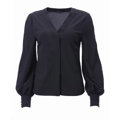 Carloslines Women's V-neck Bar Tack Long Sleeve Blouse In Black Solid