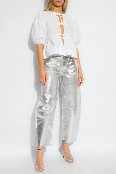 Ganni Crewneck Cotton Peplum Top Flounces In White