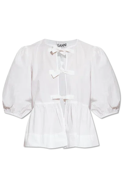 Ganni Crewneck Cotton Peplum Top Flounces In White