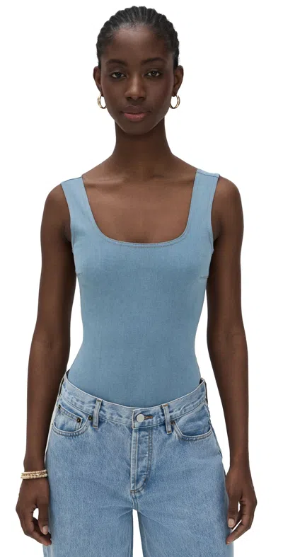 Commando Do It All Denim Squareneck Bodysuit Washed Indigo In Blue