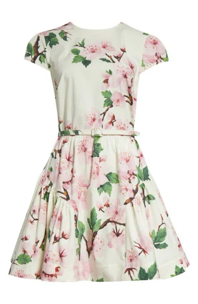 Oscar De La Renta Short-sleeve Cherry Blossom Poplin Mini Dress With Belt In Pink