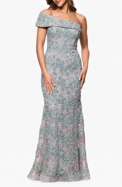 Xscape Evenings Soutache Lace Off The Shoulder Gown In Blue