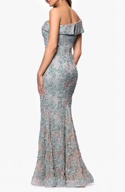 Xscape Evenings Soutache Lace Off The Shoulder Gown In Blue