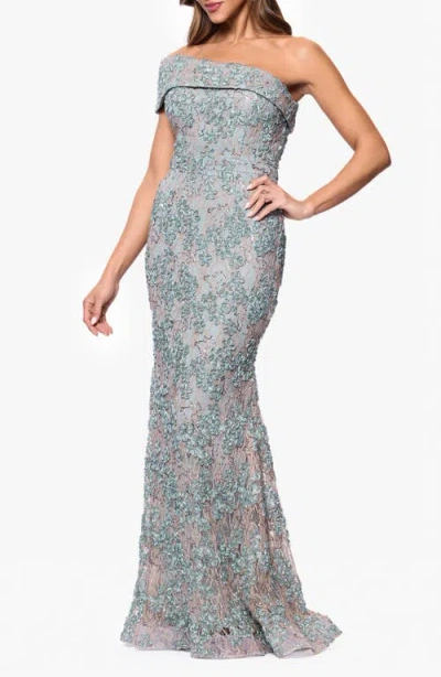 Xscape Evenings Soutache Lace Off The Shoulder Gown In Blue