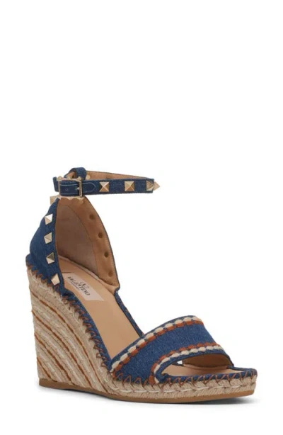 Valentino Garavani Valentino Rockstud 105 Denim Wedge Sandal In Blue