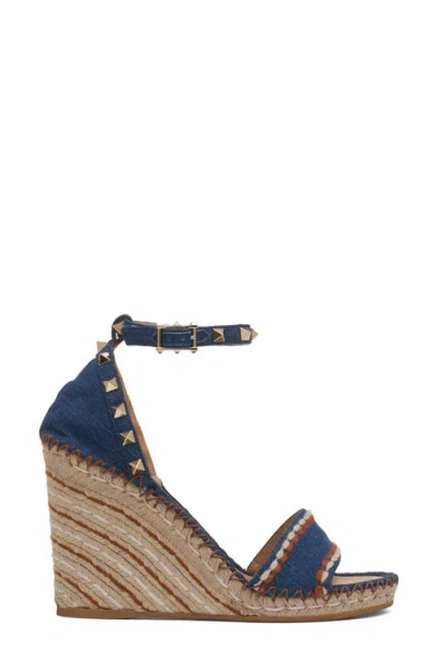 Valentino Garavani Valentino Rockstud 105 Denim Wedge Sandal In Blue