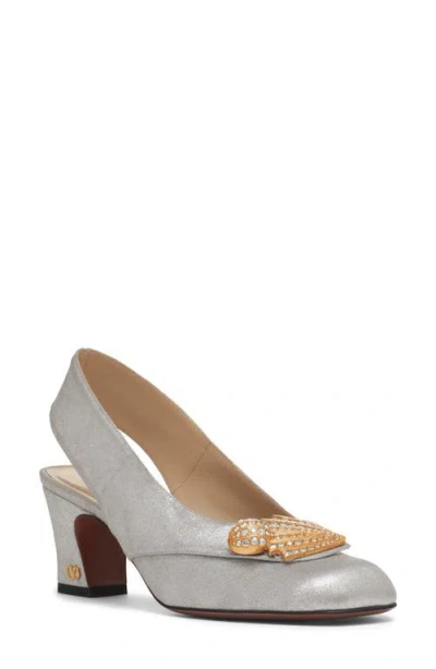 Valentino Garavani Block Heel Embellished Slingback Square Toe Pumps In White