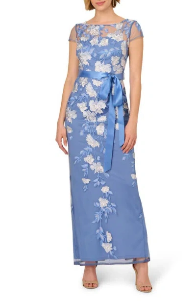 Adrianna Papell Short Sleeve Floral Embroidered Gown With Ribbon Tie Waist In French Blue Multi