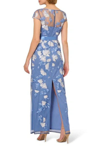 Adrianna Papell Short Sleeve Floral Embroidered Gown With Ribbon Tie Waist In French Blue Multi