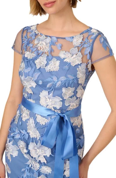 Adrianna Papell Short Sleeve Floral Embroidered Gown With Ribbon Tie Waist In French Blue Multi