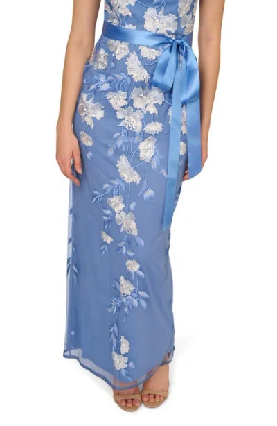 Adrianna Papell Short Sleeve Floral Embroidered Gown With Ribbon Tie Waist In French Blue Multi