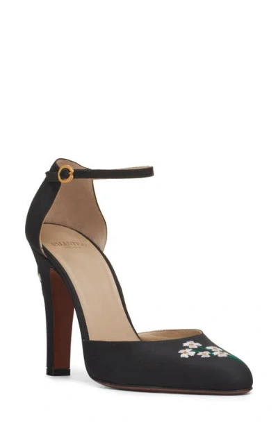 Valentino Floral Embroidered Round Toe Ankle Strap Pumps In Black