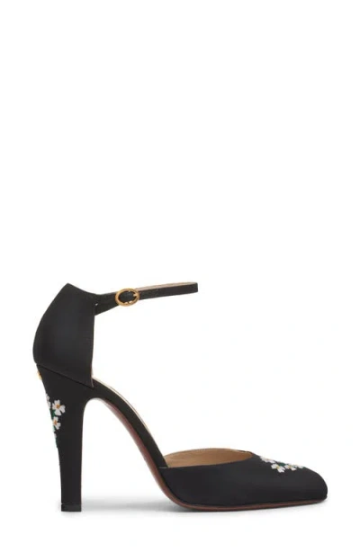 Valentino Floral Embroidered Round Toe Ankle Strap Pumps In Black