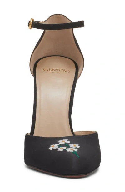 Valentino Floral Embroidered Round Toe Ankle Strap Pumps In Black