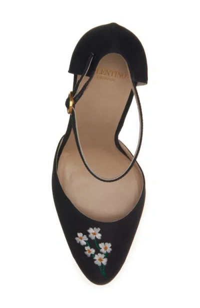 Valentino Floral Embroidered Round Toe Ankle Strap Pumps In Black