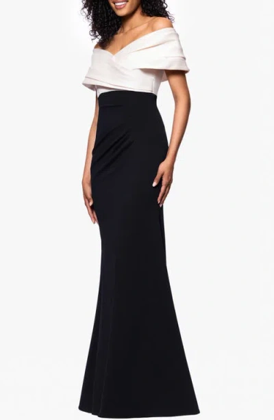 Betsy & Adam Off The Shoulder Scuba Crepe Gown.
