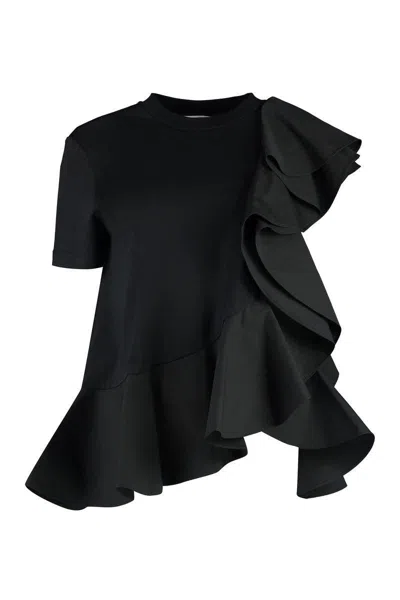 Alexander Mcqueen Mixed Media Ruffle Detail Cotton Top