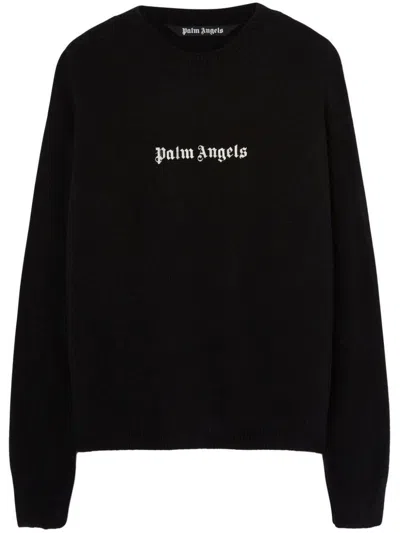 Palm Angels Black Cotton Crew Neck Sweatshirt With White Logo