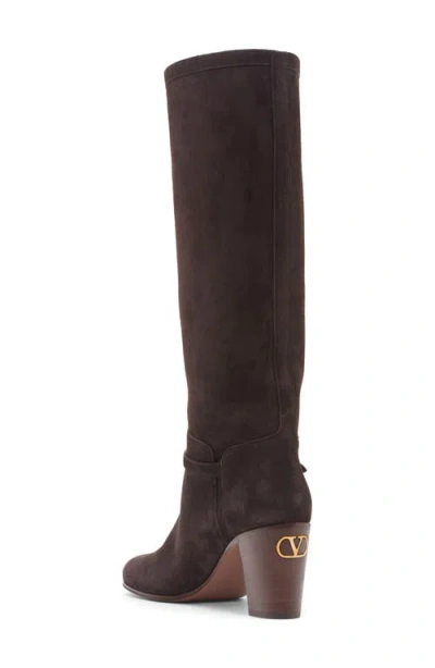 Valentino Garavani Knee-high Suede Boots With Leather Block Heel In Brown