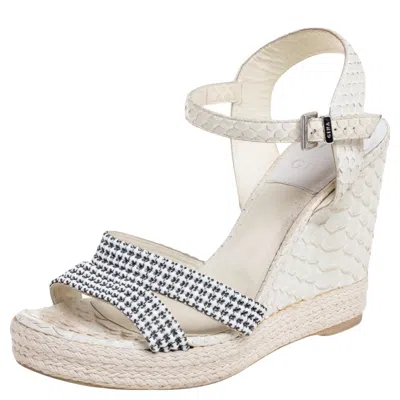 Pre-owned Gina Off-white Python Leather Crystal Embellished Wedge Platform Sandals Size 40