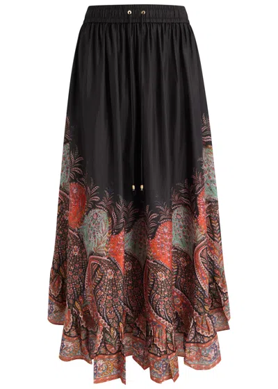 Zimmermann Rhiannon Printed Silk Skirt In Black