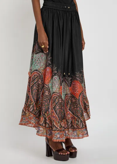 Zimmermann Rhiannon Printed Silk Skirt In Black